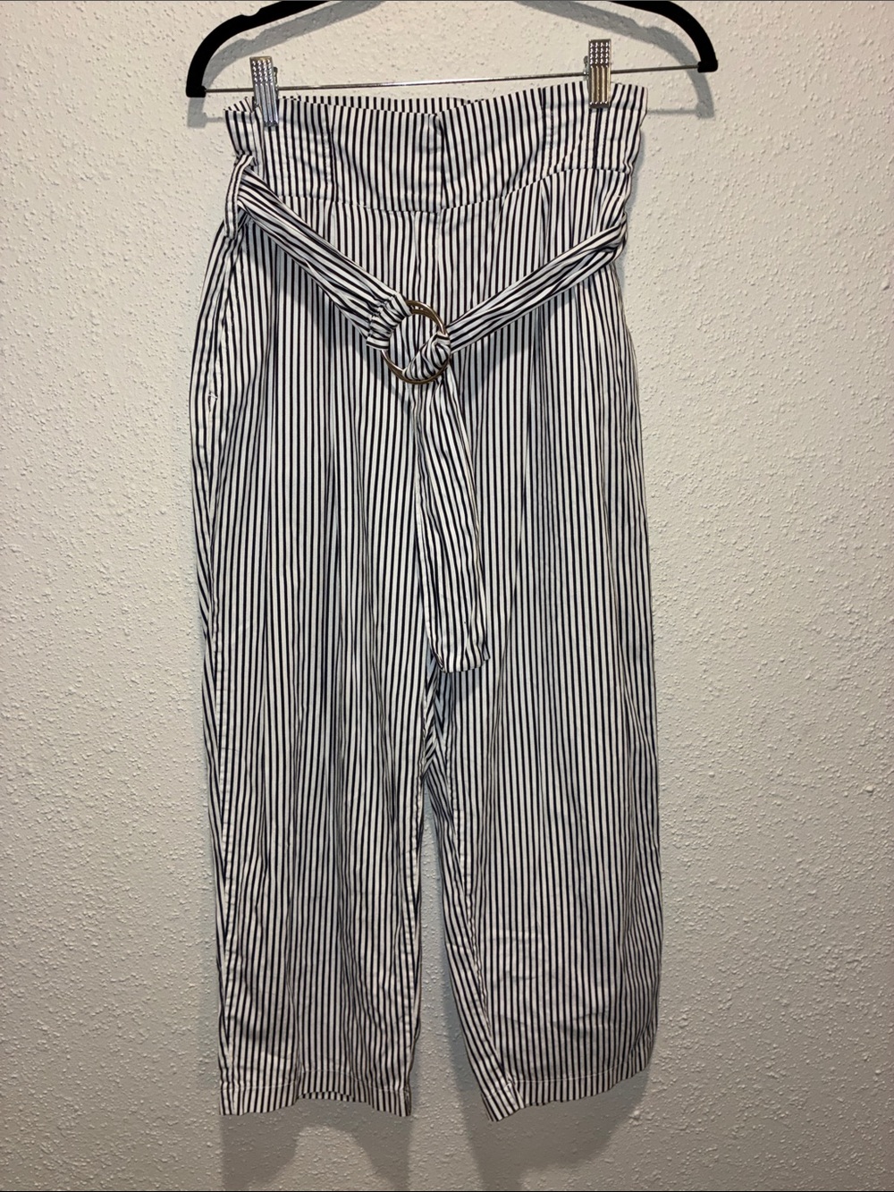 Zara White and Black Vertical Stripe Paperbag Waist Wide-Leg Trousers